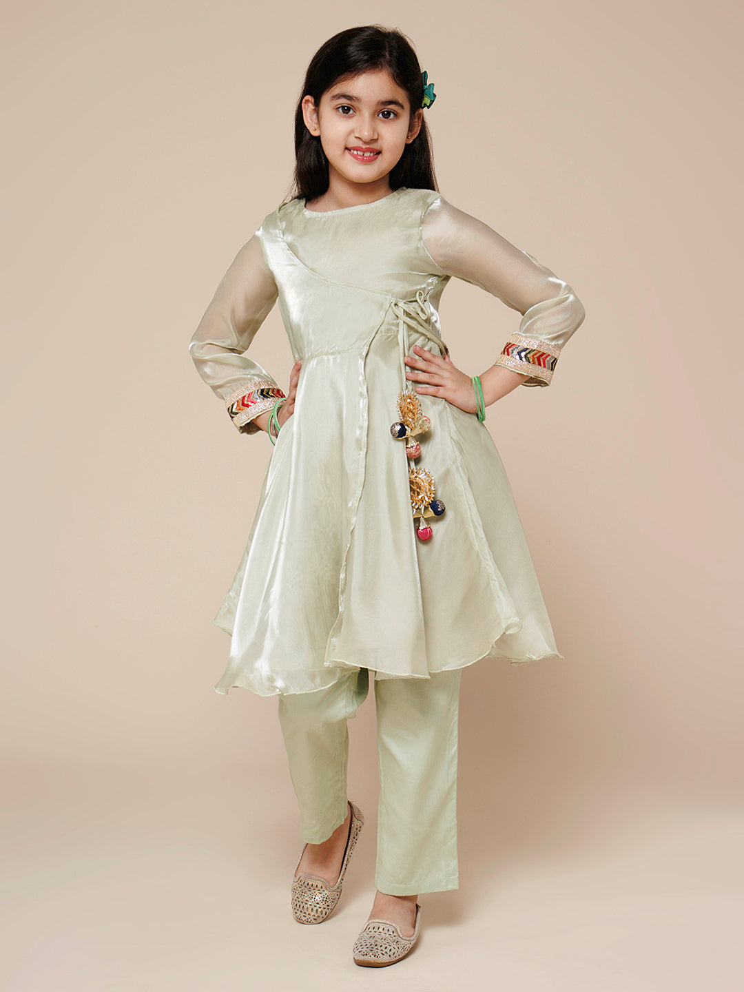 PICCOL Tissue Applique Kurta with Pant Set-Light Green