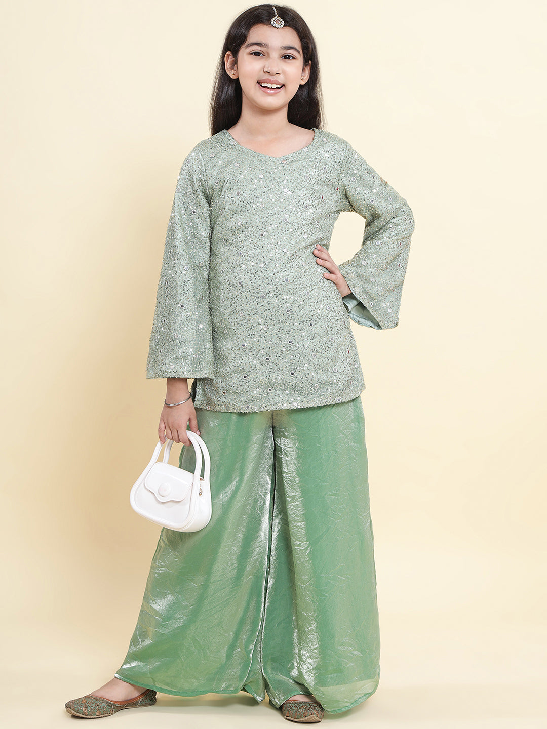 PICCOLO Green Sequined Flared Sleeve Kurti with Palazzo