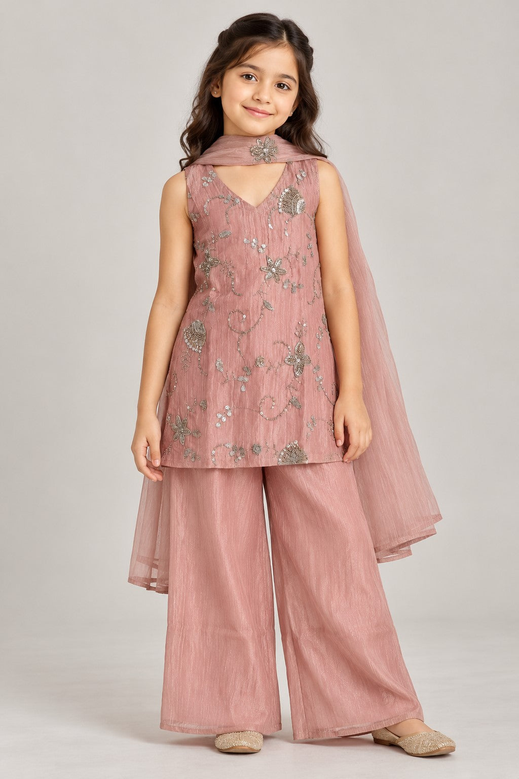 Piccolo Tissue Embroidered Kurta, Pant & Dupatta Set-Peach