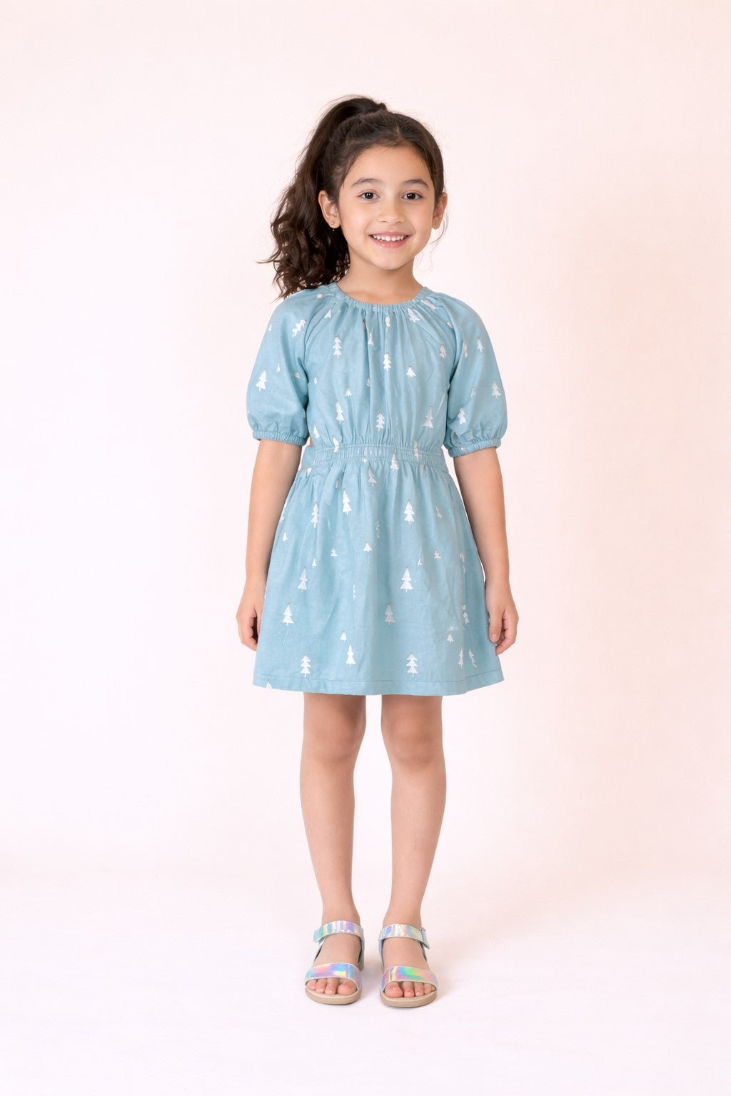 Girls Blue Christmas Tree Print Dress