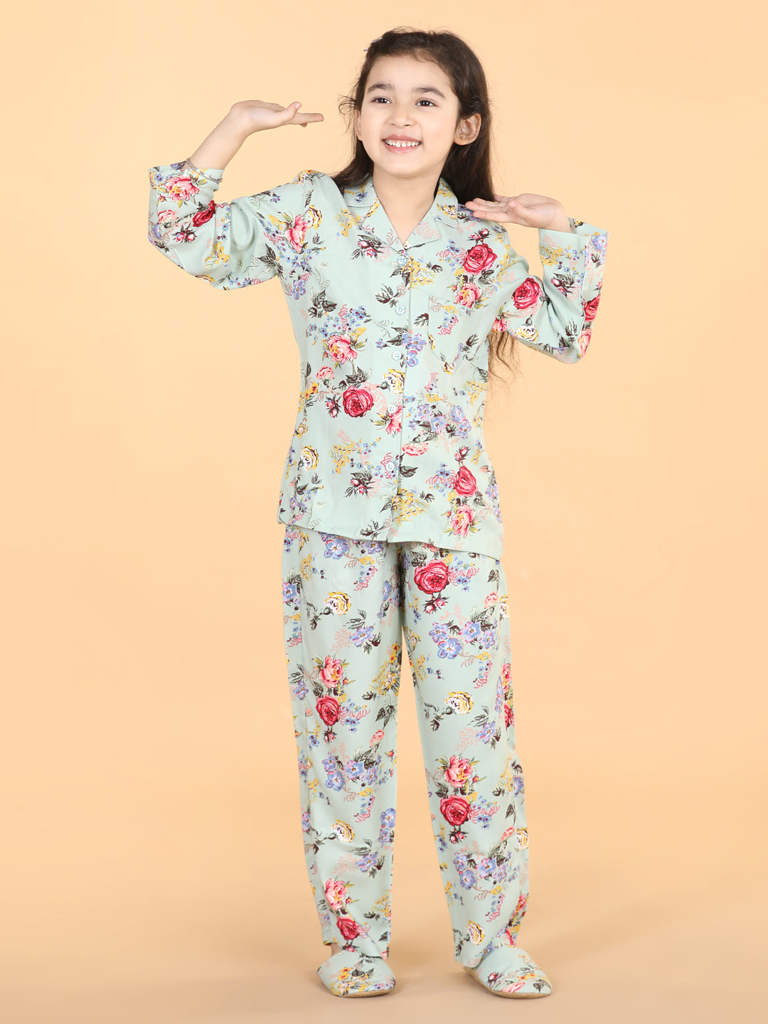 Girls Mint Green Rayon Floral Pyjama Set With Slip Ons