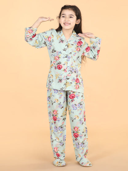 Girls Floral Mint Green Night Suit