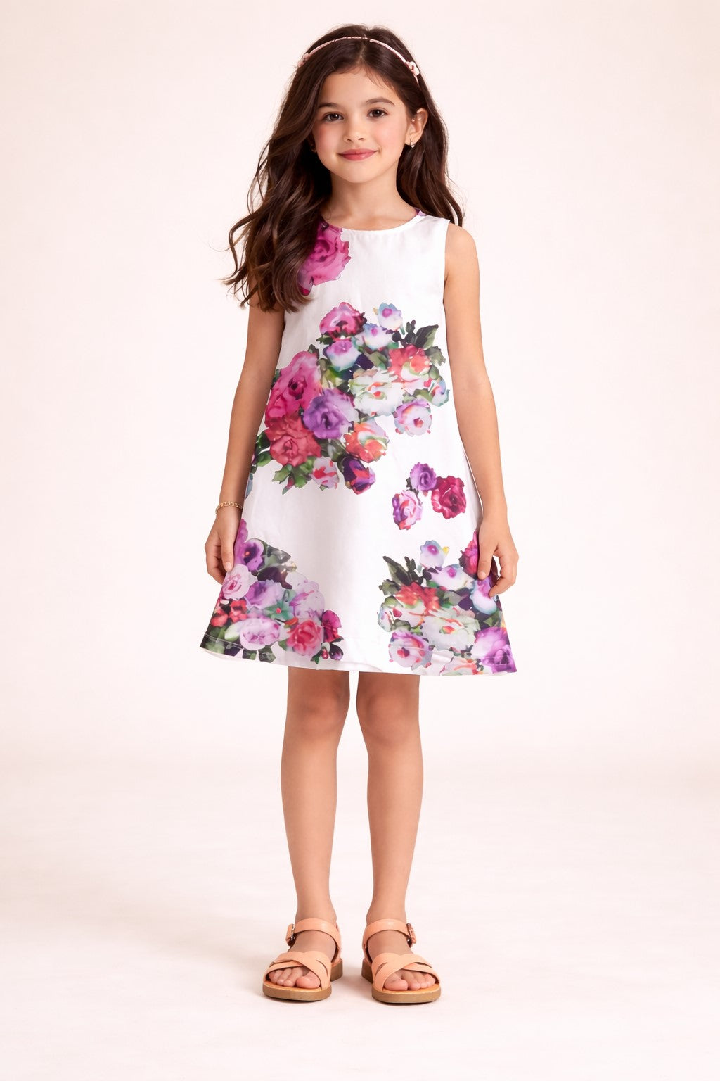 Piccolo Girls Modal White Floral Printed  A-Line Dress