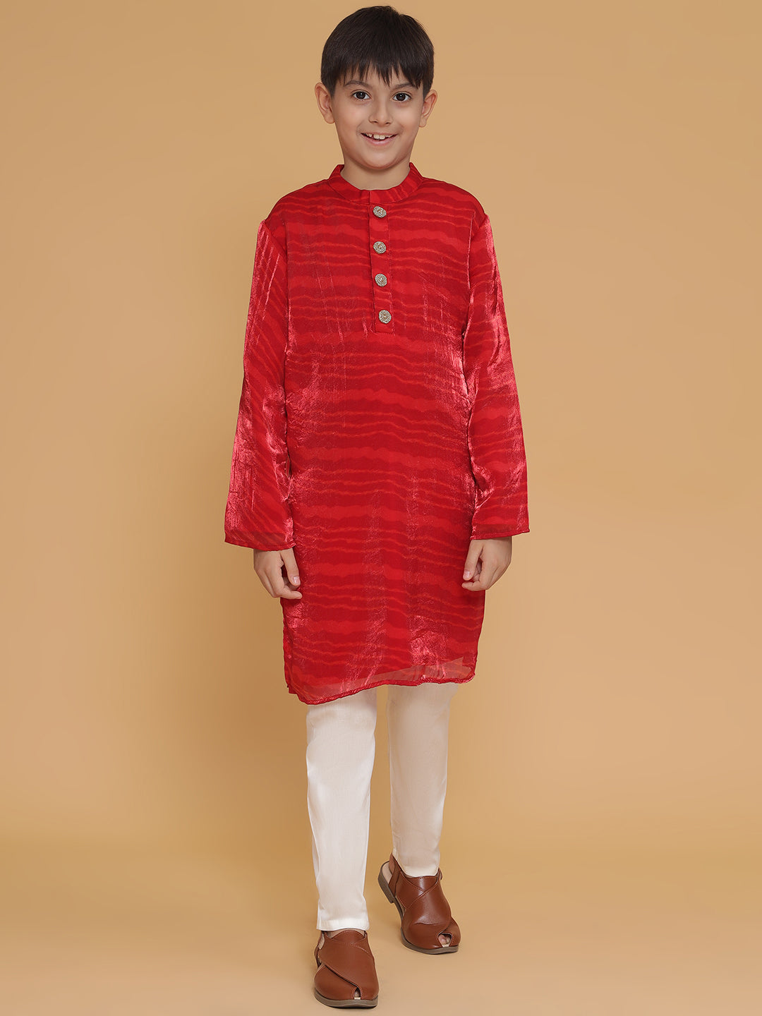 Boys Red Tissue Self Designed Kurta And Pyjama Set