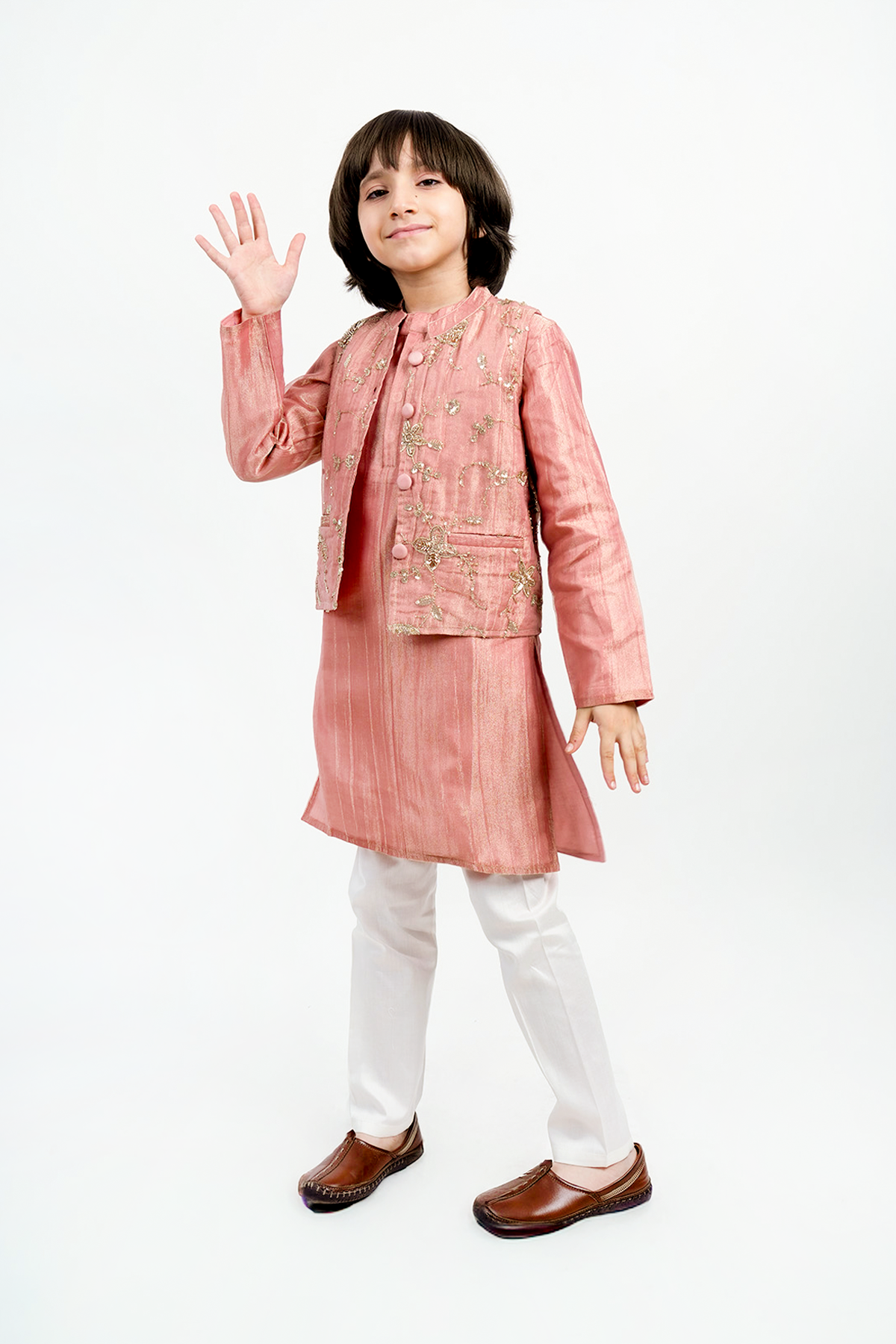 Piccolo Boys Embroidered Nehru Jacket Kurta & Payjama Set-Peach