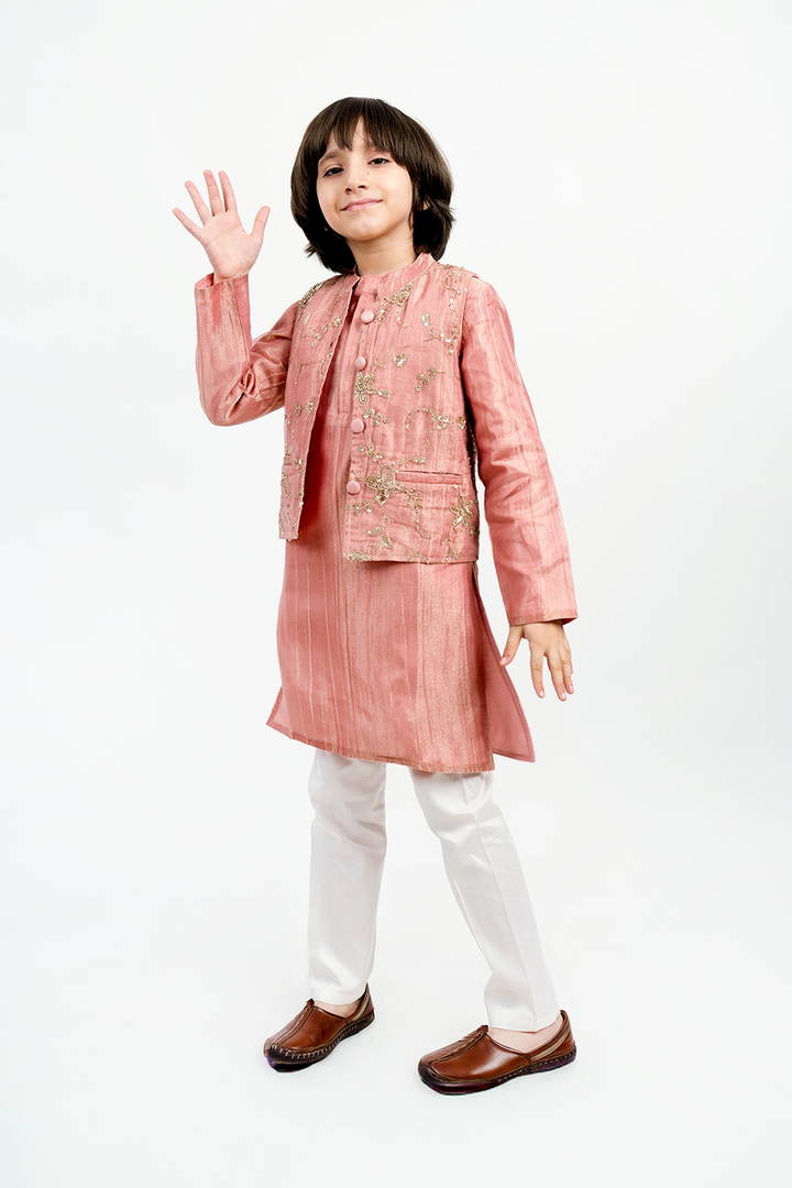Piccolo Boys Embroidered Nehru Jacket Kurta & Payjama Set-Peach