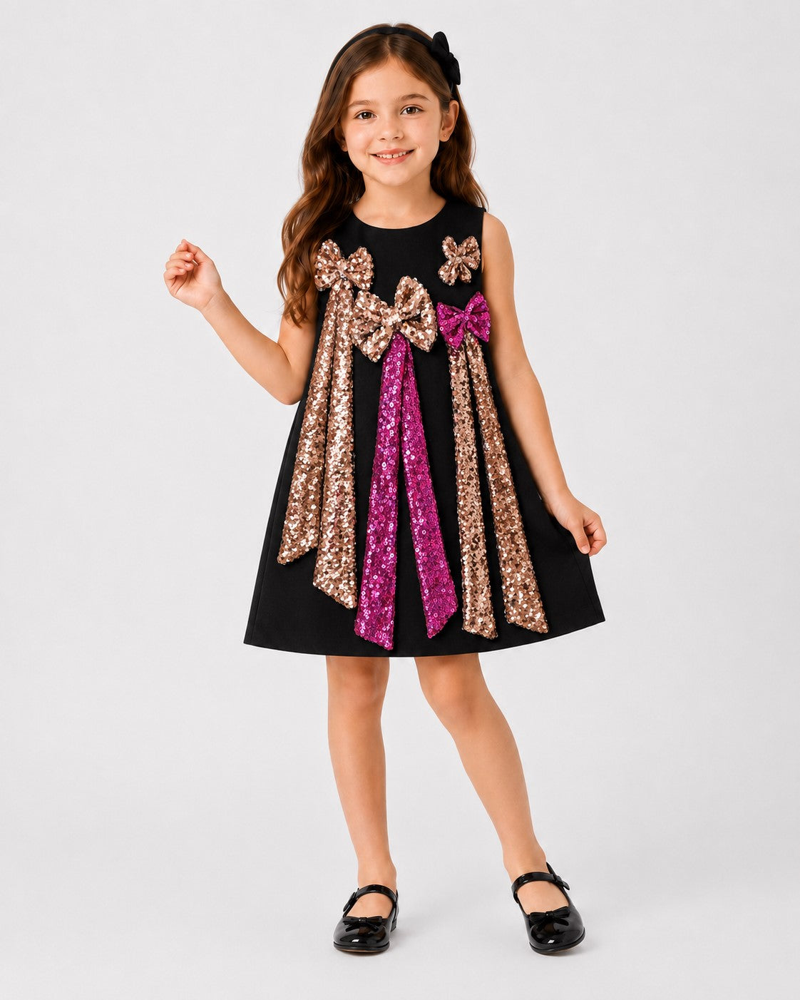 Piccolo Girls Black Sequin Bow A-Line Party Dress