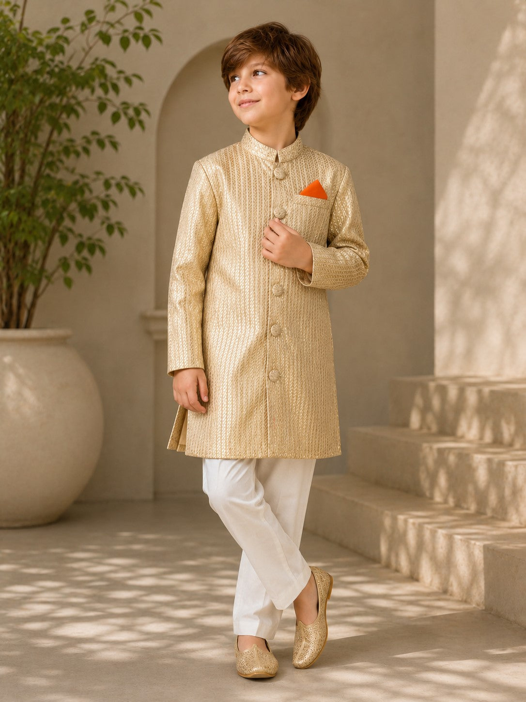 Piccolo Boys Gold Jacquard Sherwani with Payjama  Set
