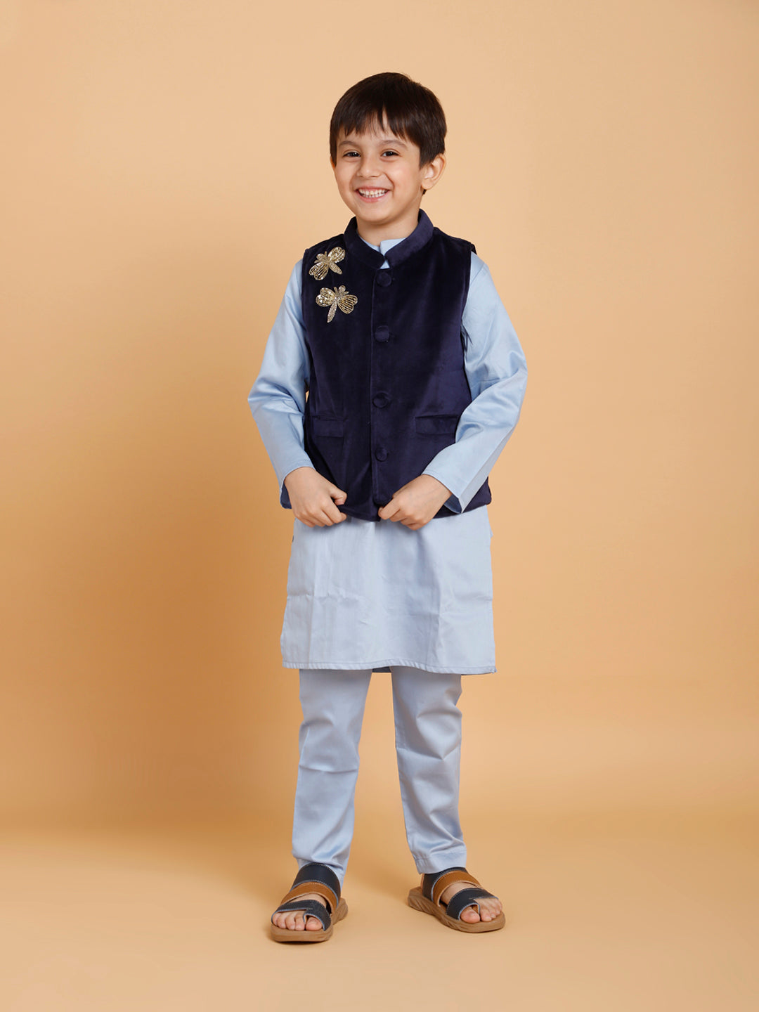 Boys Light Blue Kurta Pyjama with Velvet Jacket (Set of 3)