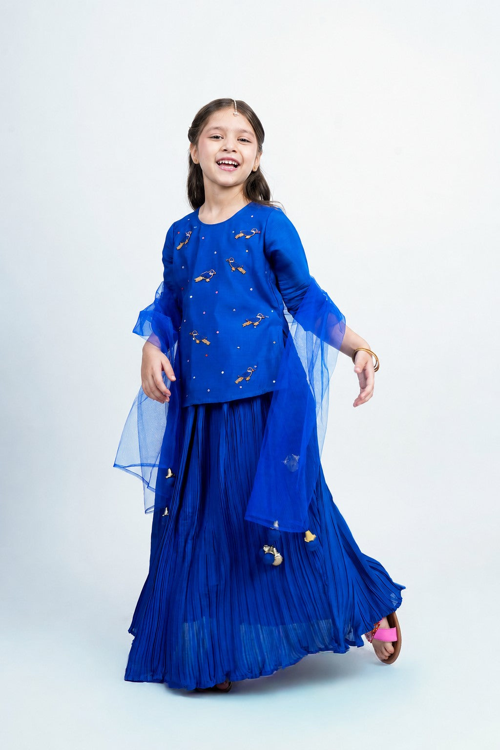 Piccolo Embellished Top, Pleated Lehenga & Net Dupatta Set-Royal Blue