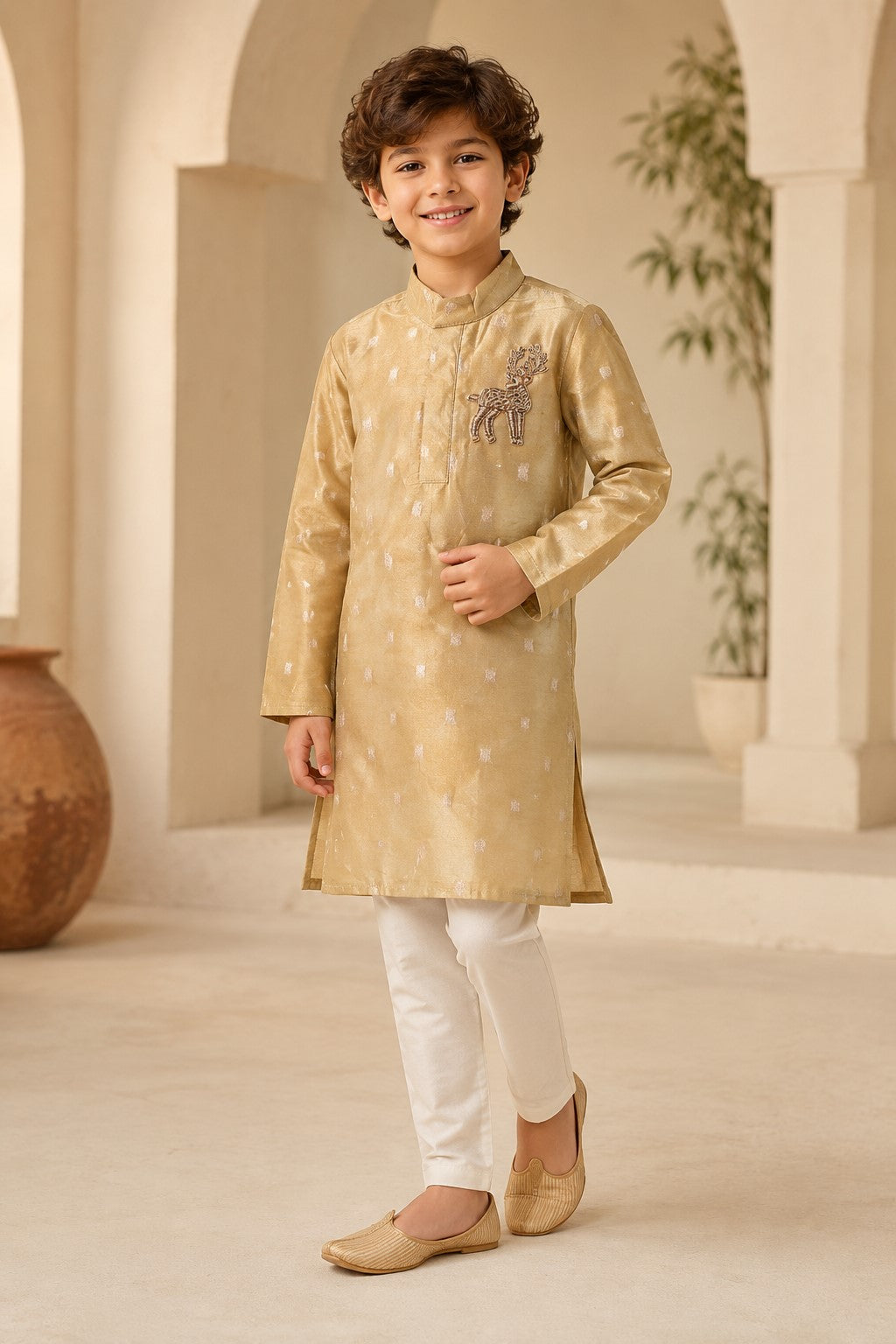 Piccolo Banarasi Silk Zari work Kurta With Applique & Pyjama Set – Golden