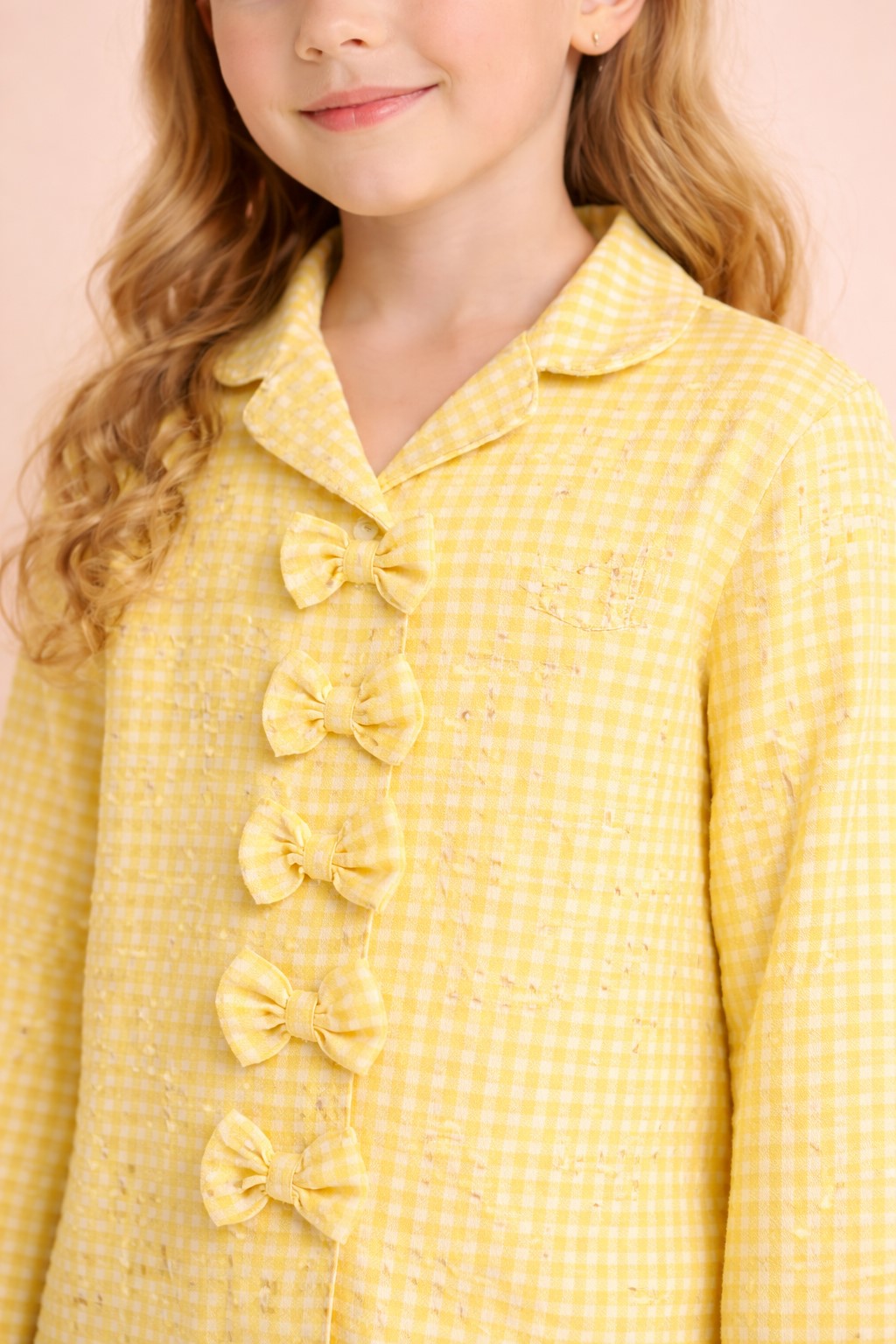 Piccolo Girls Seersucker Checkered Night Suit with Bow Applique-Yellow