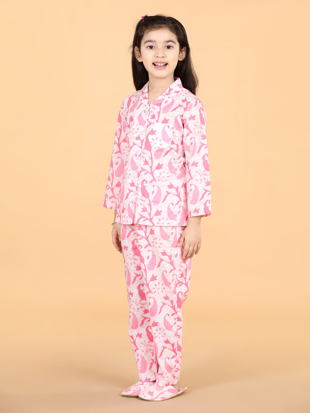 Girls White And Pink Cotton Floral Pyjama Set With Slip Ons