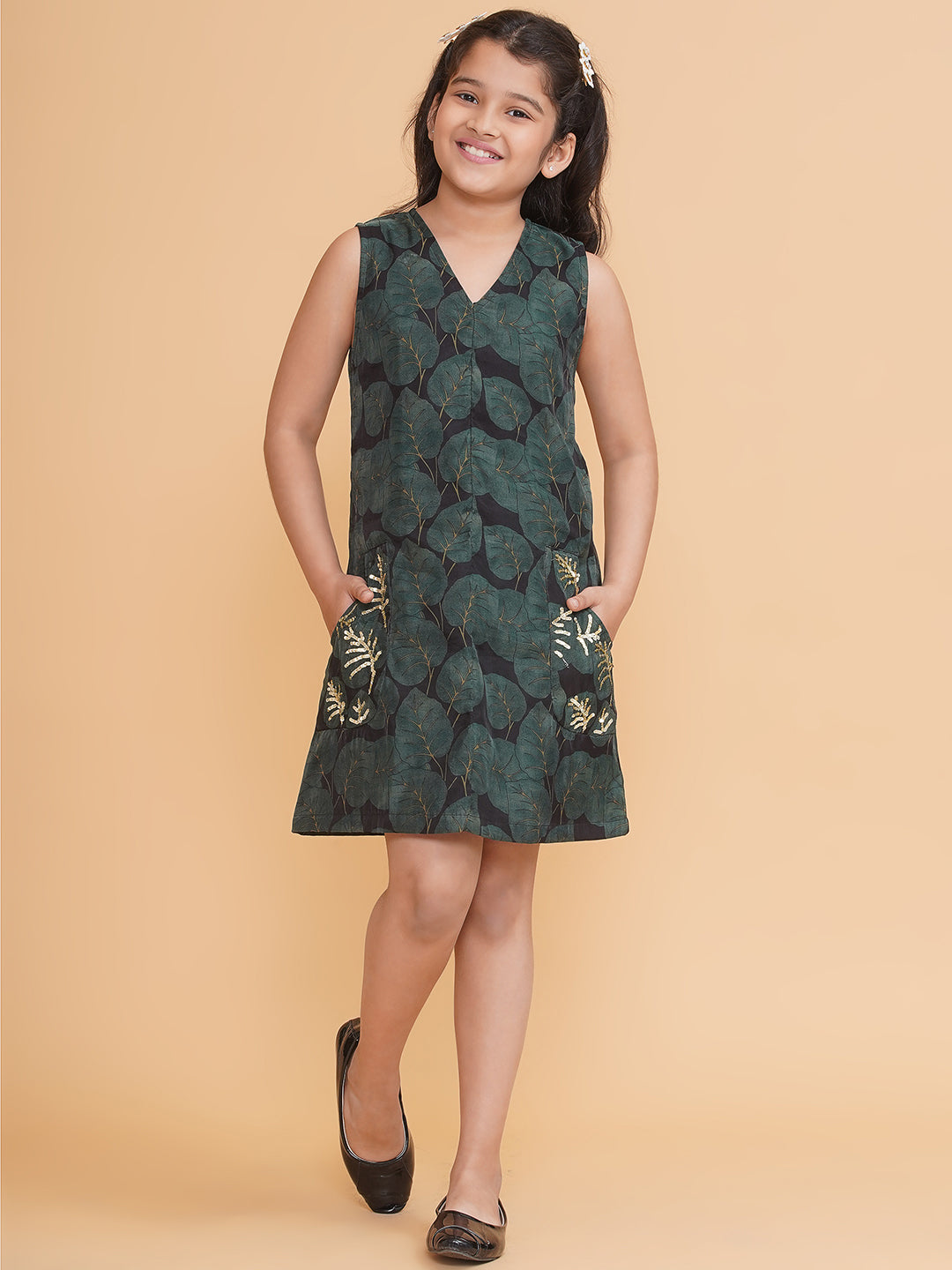 V Neck Organza Dress with hand Embroidered Pockets- Green