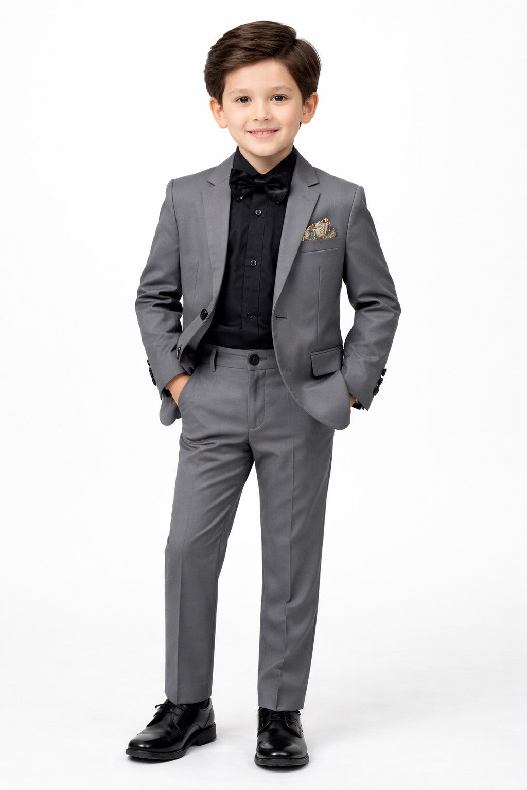 Piccolo-Boys Five-Piece Single-Breasted Blazer, Shirt with Trousers Set -Grey