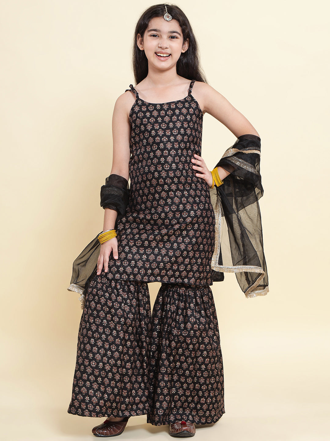 PICCOLO All Over Printed Kurti & Sharara with Dupatta-Black