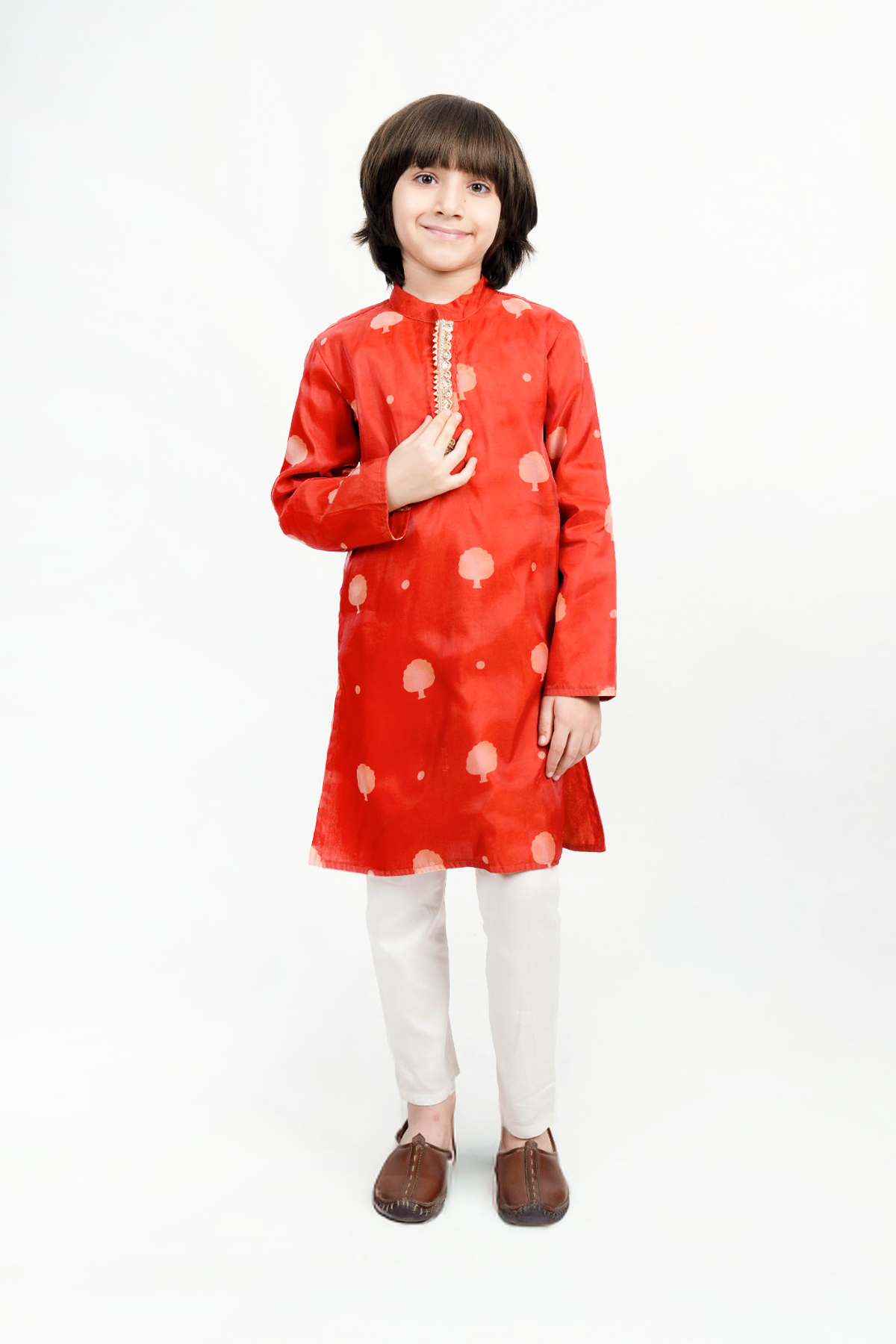Piccolo Boys Organza Tree Motif Kurta and White Payjama Set-Orange