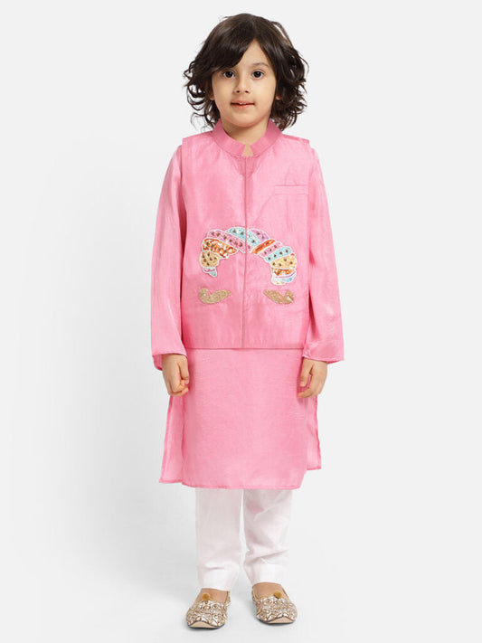 Piccolo Boy's Pink Kurta ,Waist Coat with handwork And White Pyjama set