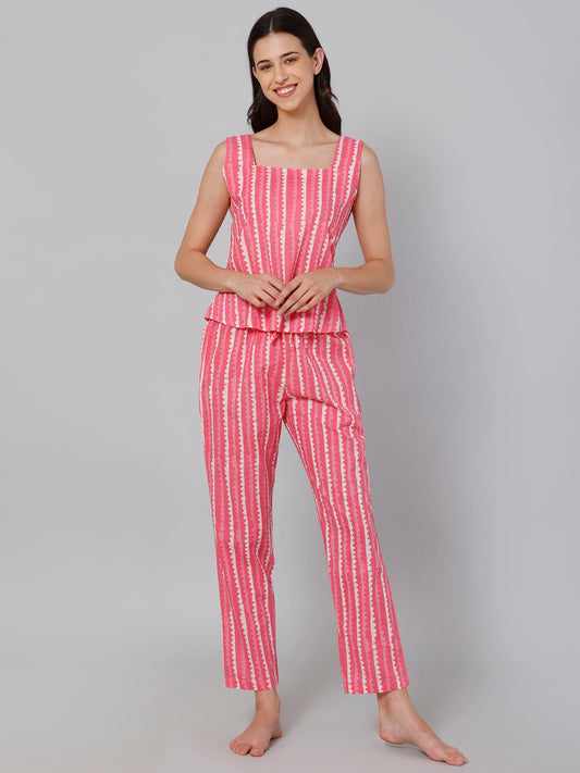 Women Pink & Off White Pure Cotton Printed Night suit
