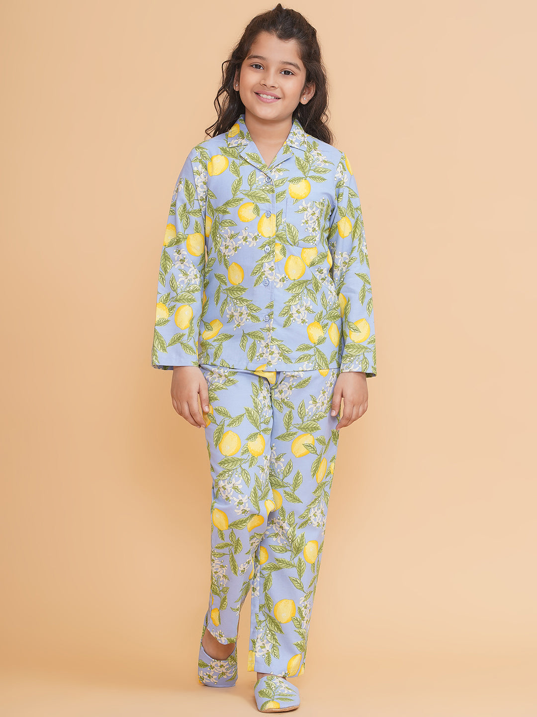 Girls Floral Blue Shirt And Pyjamas With Flip Flops