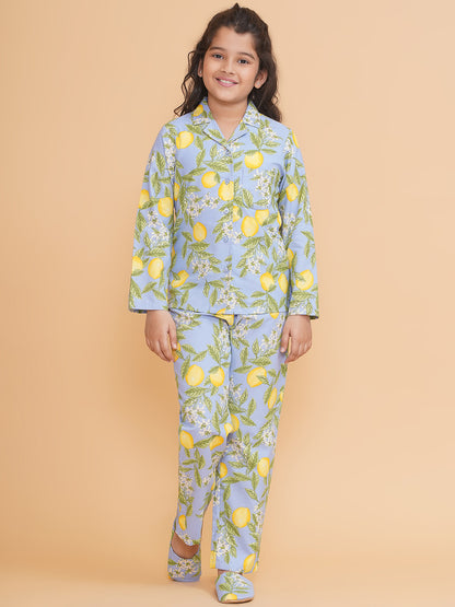 Girls Floral Blue Shirt And Pyjamas With Flip Flops
