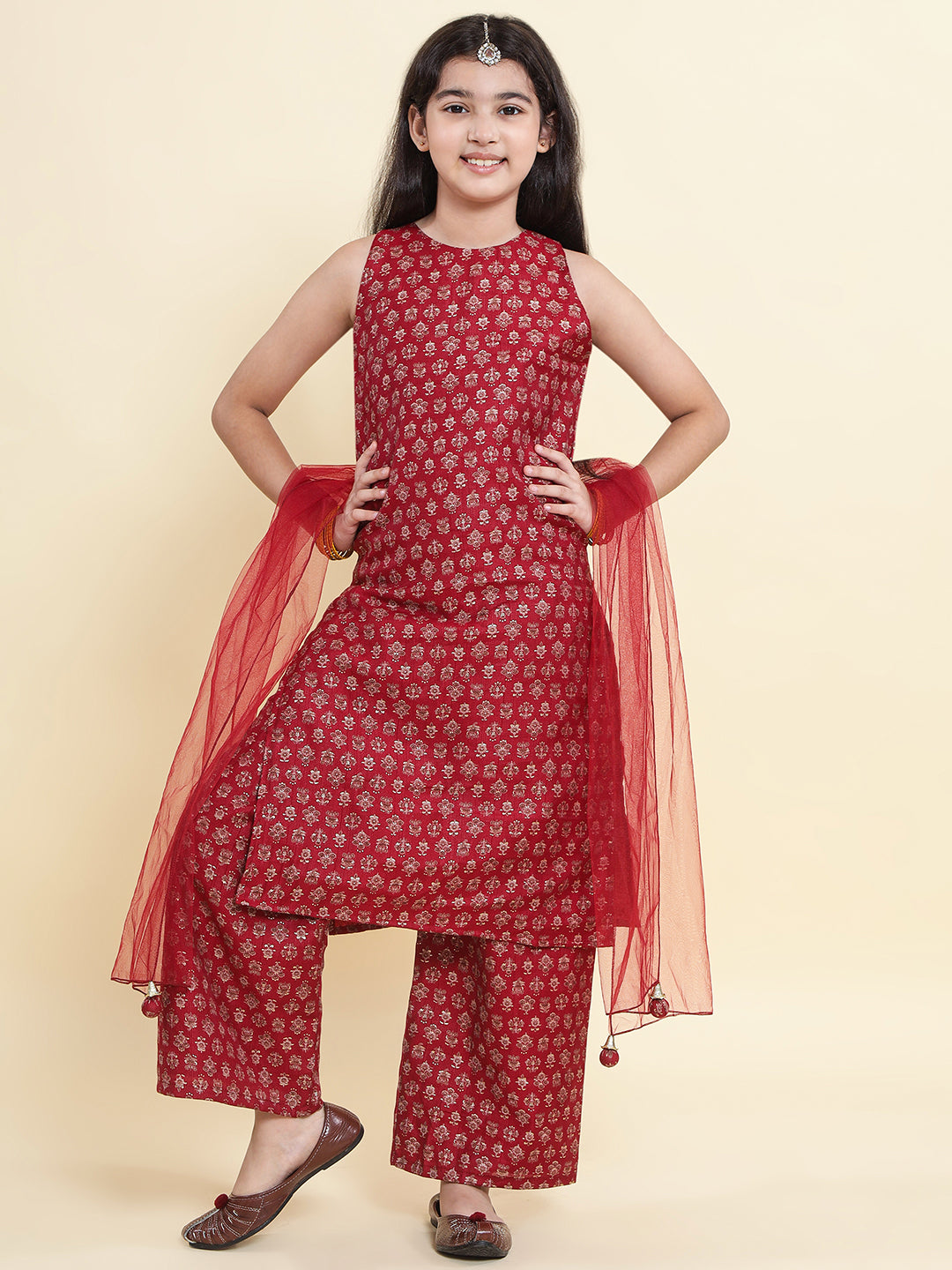 PICCOLO  Printed Kurti & Palazzo with Dupatta-Maroon