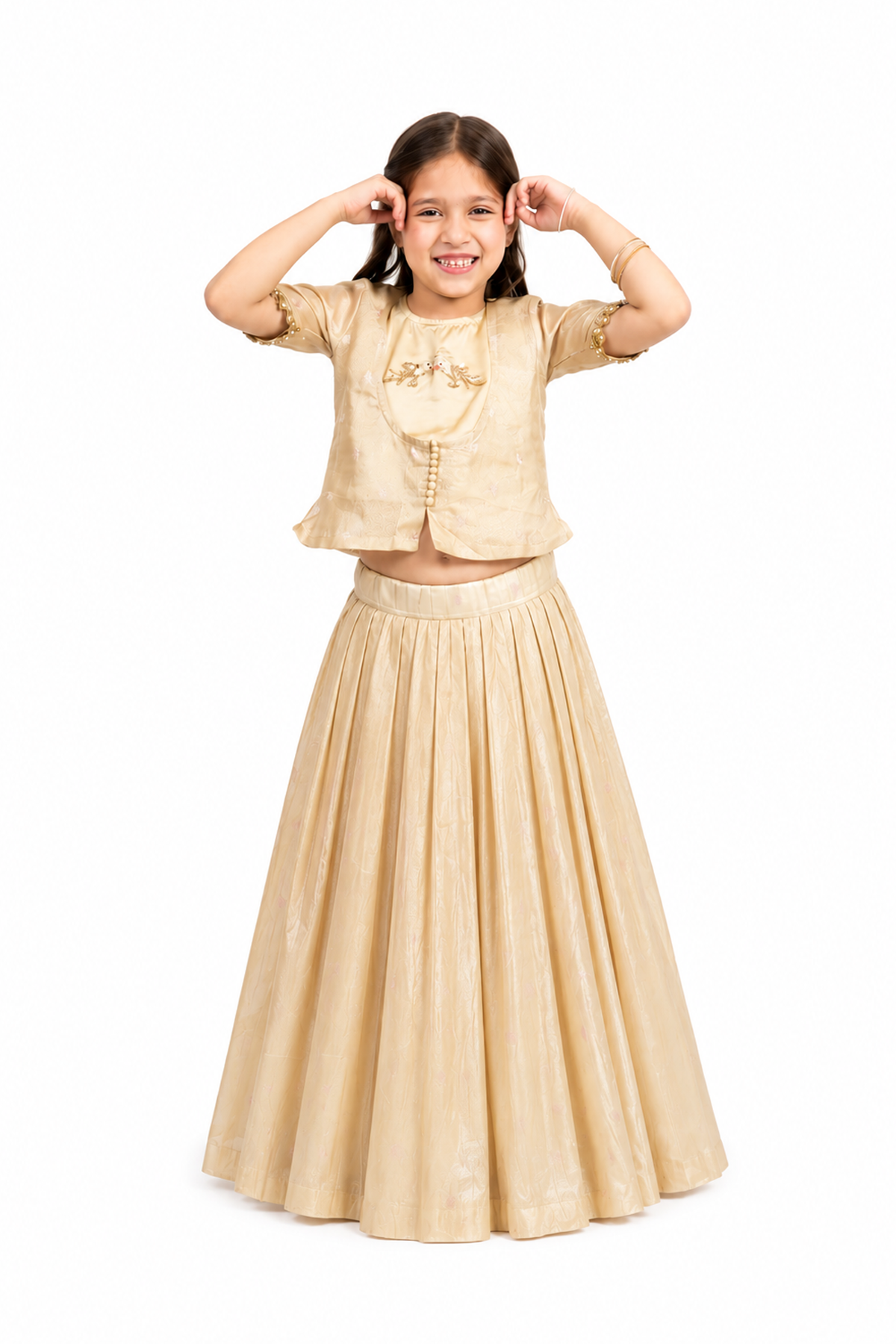 Piccolo Banarasi Silk Lehenga with Embellished Kachli & Appliqué Top-Golden