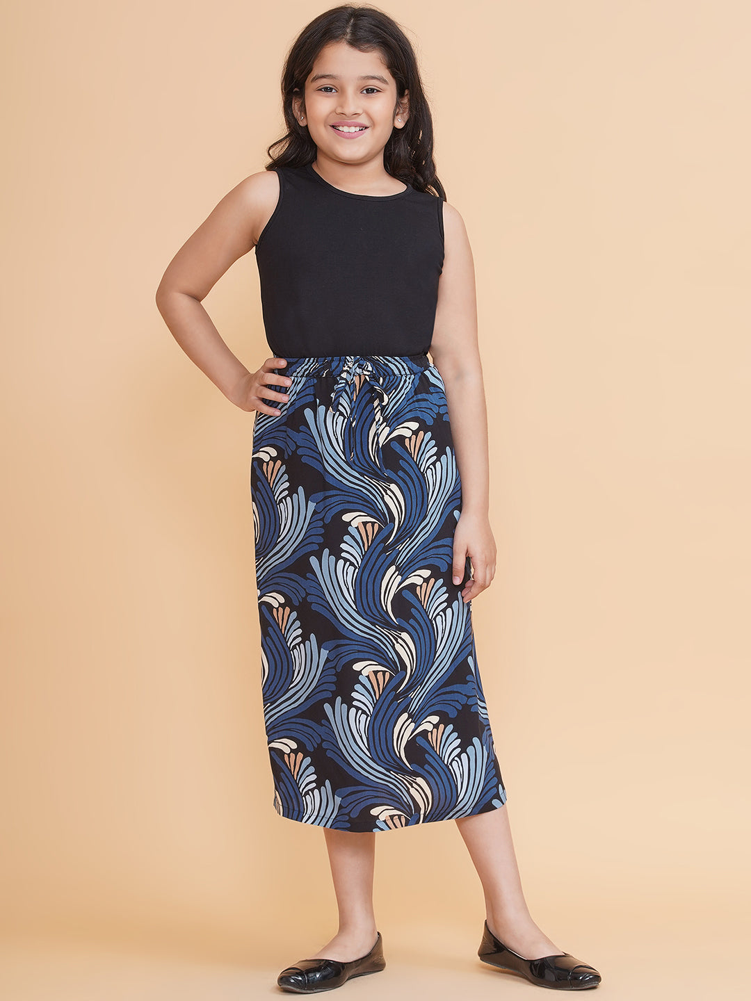 Girls Abstract Printed Skirt with Side Slits and Tank Top Set
