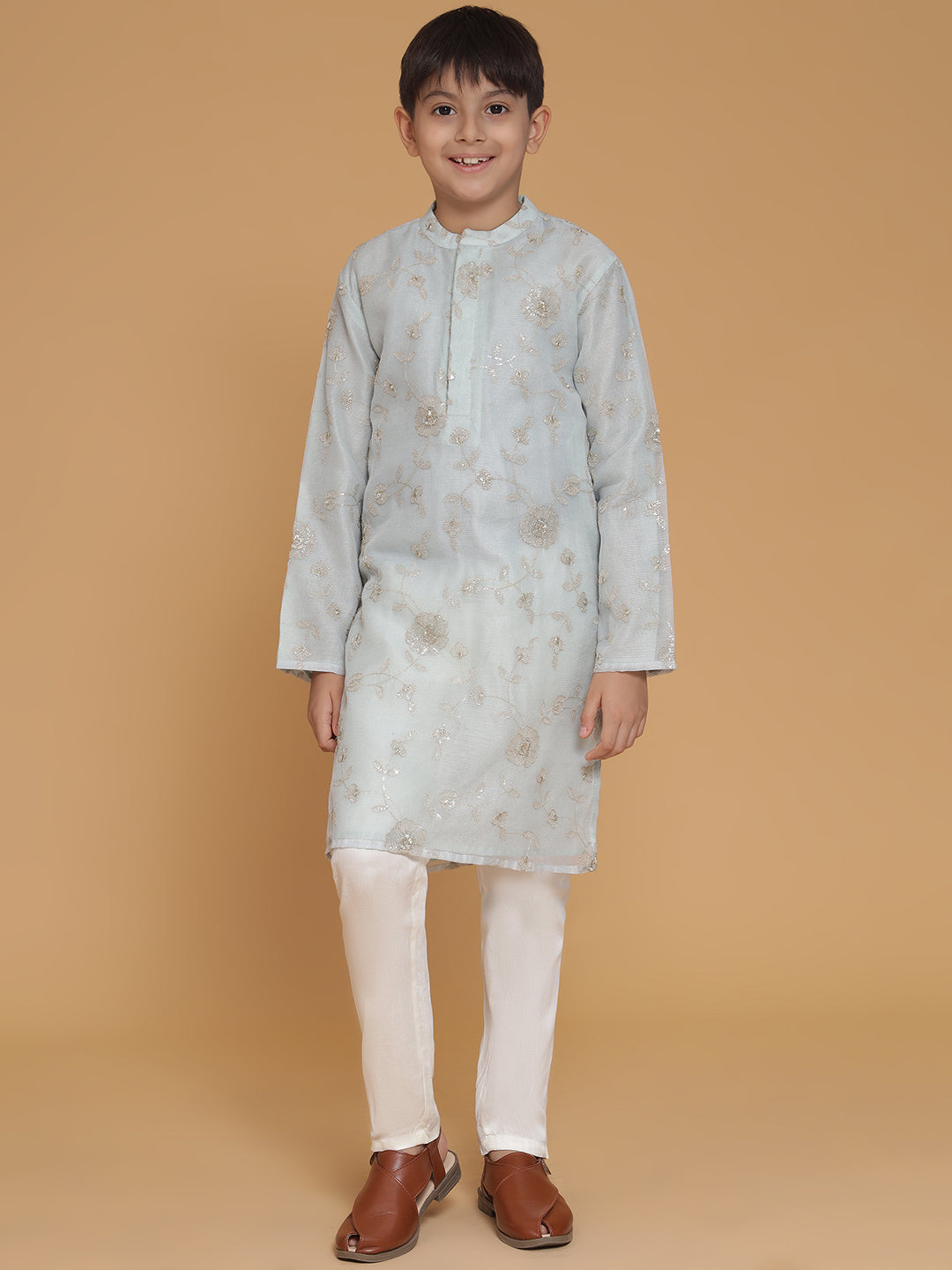 Boys Sky Blue Golden Floral Embroidered Kurta And Pyjama Set