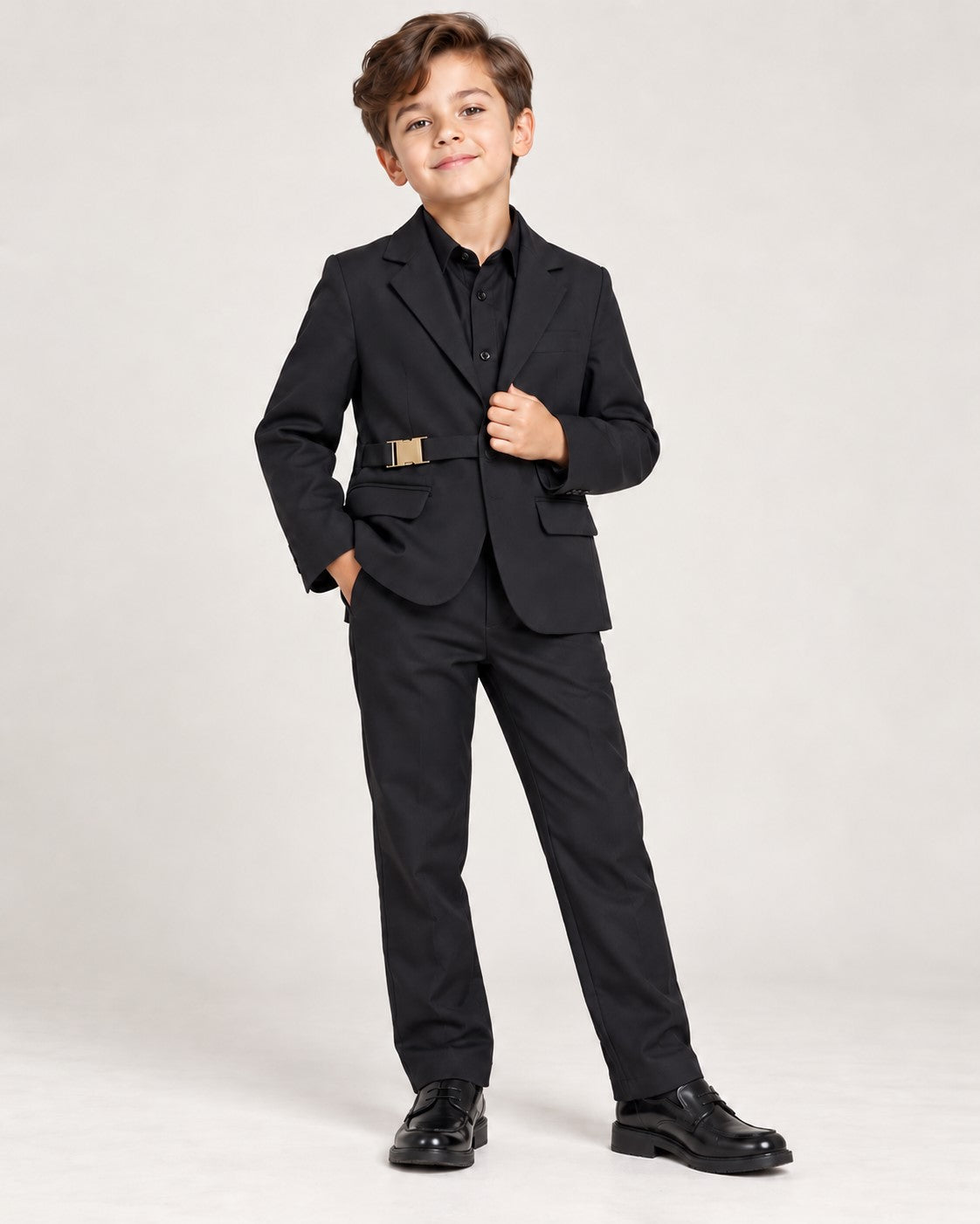 Piccolo-Boys Three-Piece Stylish Solid Party Wear Blazer Suit Set With Belt-Black