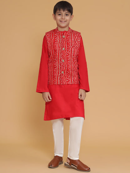 PICCOLO Red Kurta with Pyjama and Bandhani Printed Jacket
