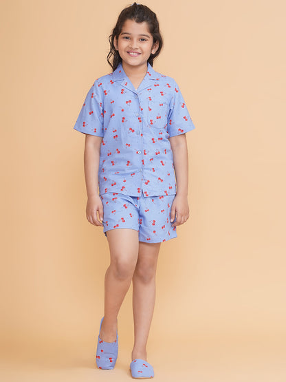 Girls Printed Blue Shirt and Shorts Night Suit With Slip Ons