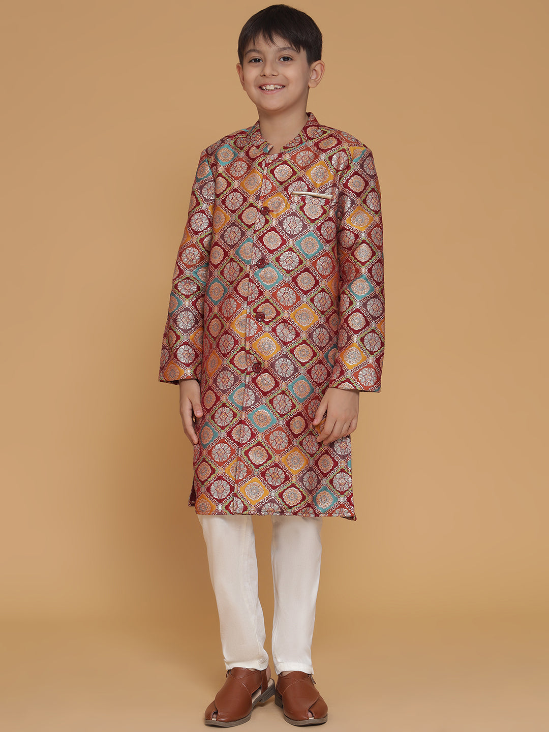 Boys Maroon Jacquard Silk Sherwani And Pyjama Set