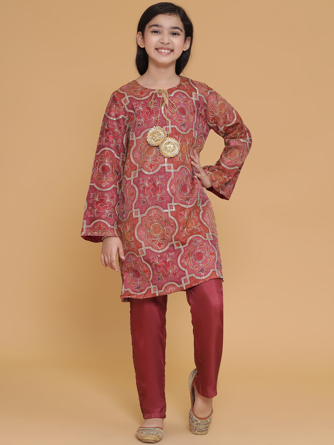PICCOLO- Organza Embroidered Kurta Pant Set-Burgundy