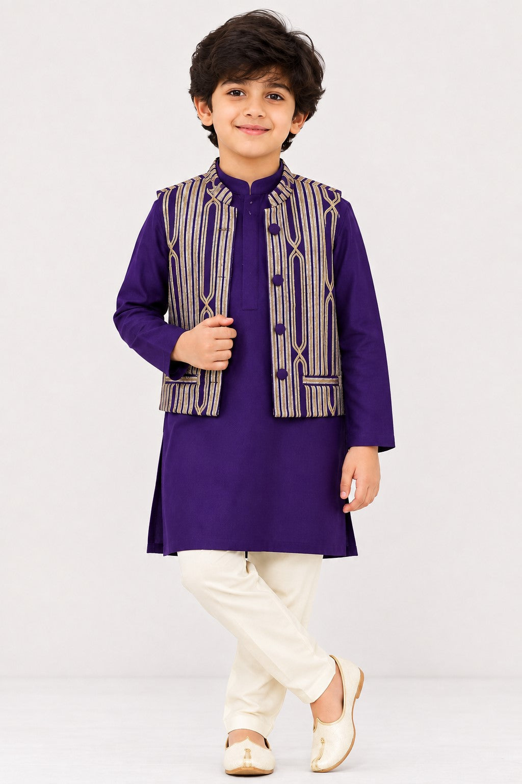 Piccolo Embellished Silk Jacket, Kurta & Pyjama Set – Purple