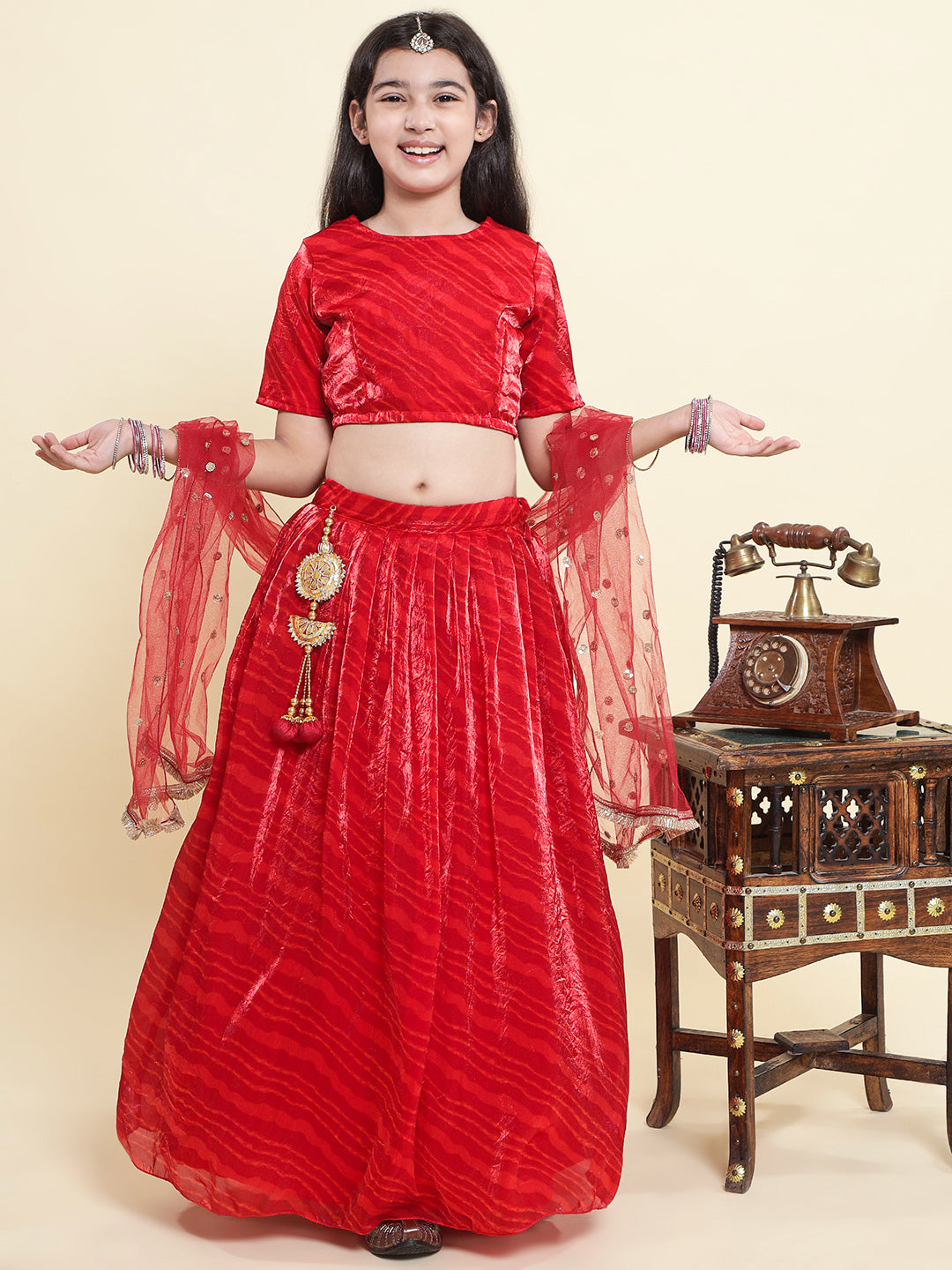 PICCOLO- Tissue Leheriya Printed Lehenga Choli with Embellished Net Dupatta-Red
