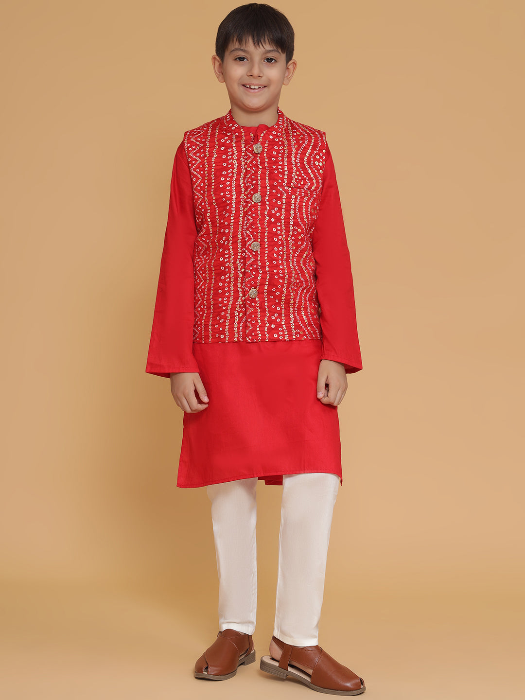 Piccolo Red Bandhani Print Nehru Jacket Kurta Pyjama Set