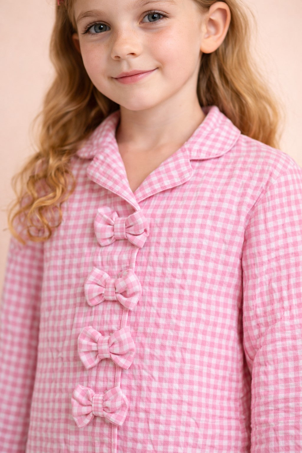 Piccolo Girls Seersucker Checkered Night Suit with Bow Applique- Pink