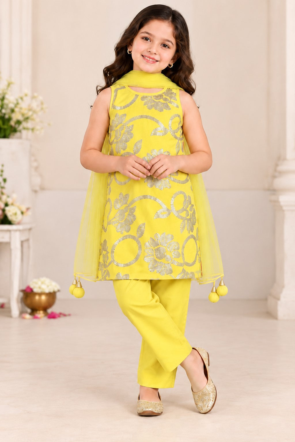 Piccolo Sequins Embroidered Kurta, Pant & Dupatta Set-Yellow