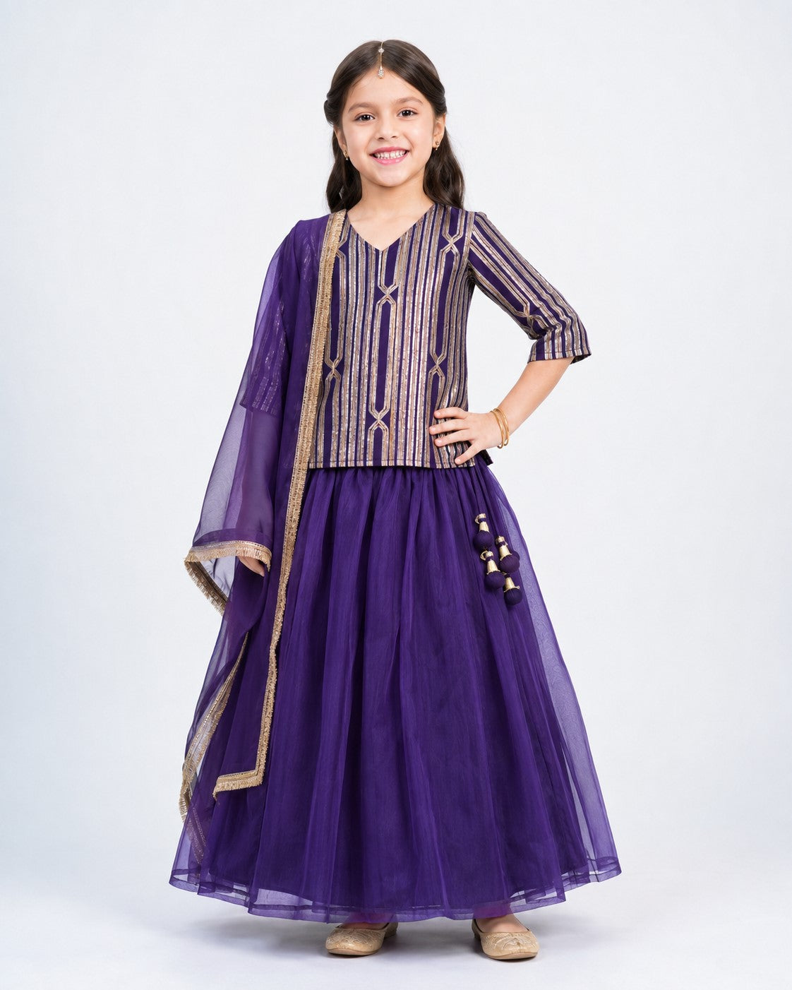 Piccolo Gota Stripe Short Kurta, Organza Lehenga & Dupatta Set-Purple