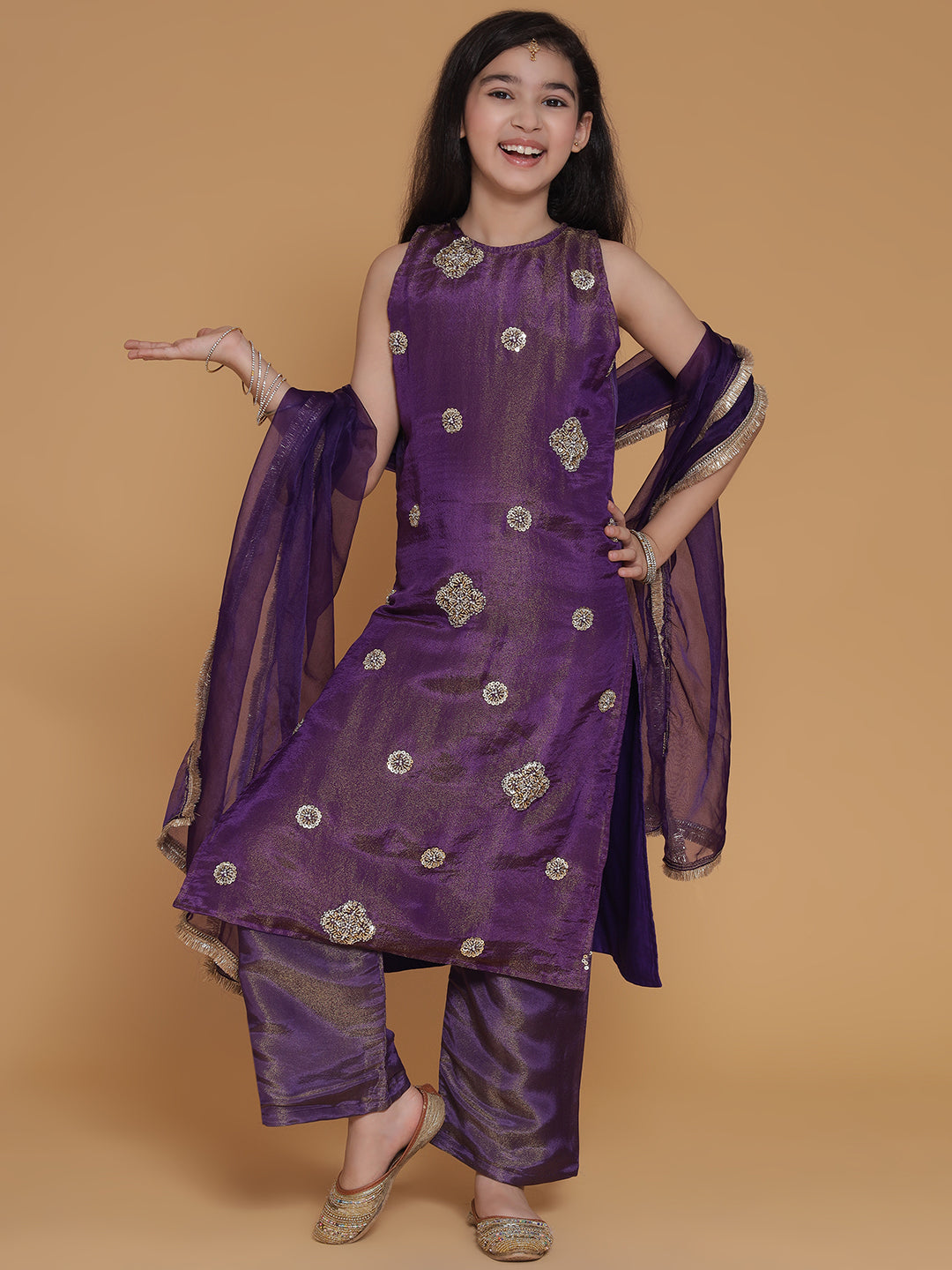Girls Purple Gold Handwork Tissue Kurta, Pant And Dupatta Set