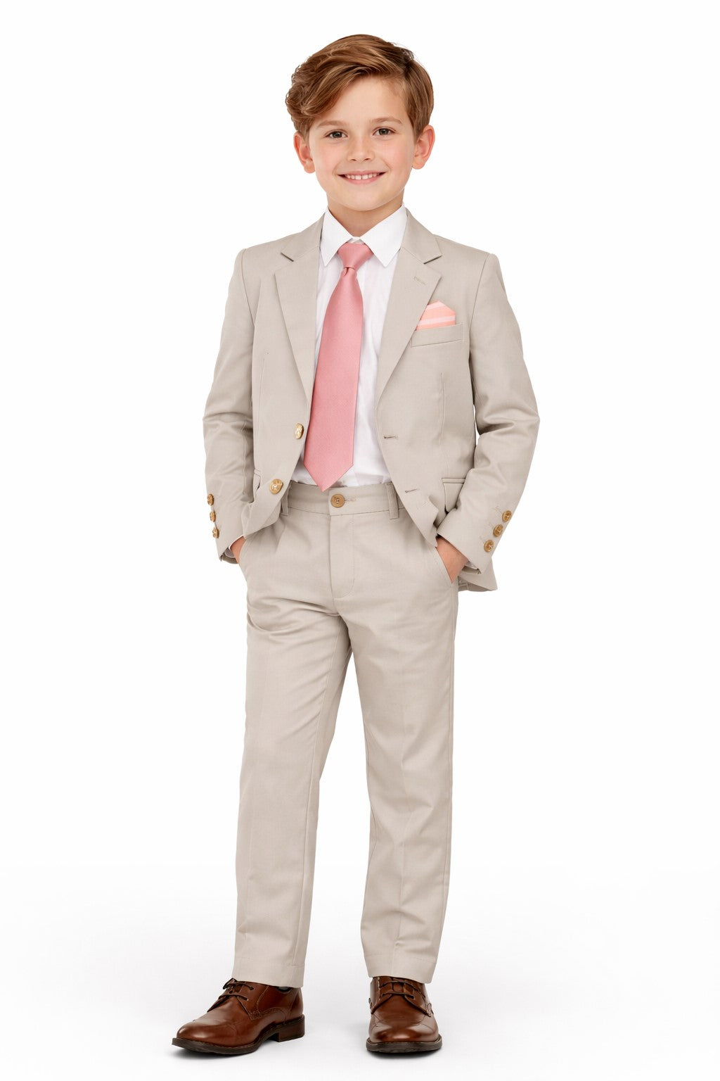 Piccolo-Boys Five-Piece Single-Breasted Blazer, Shirt with Trousers Set - Beige