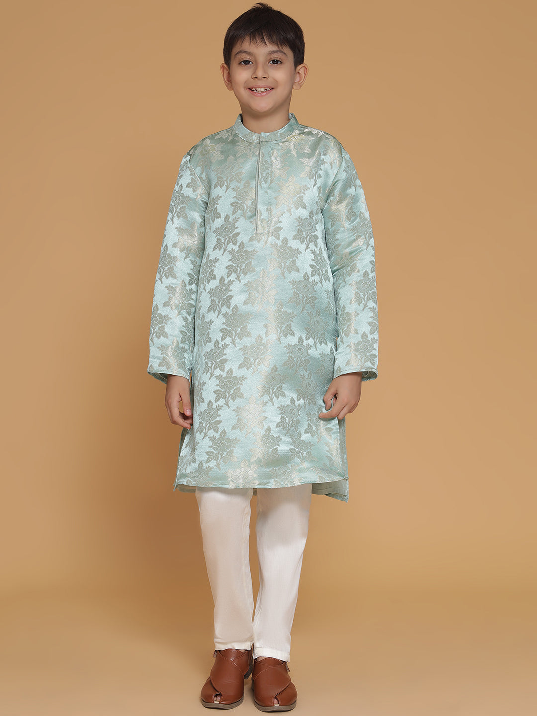Boys Silk Floral Printed Ethnic Mandarin Collar Kurta With Trousers