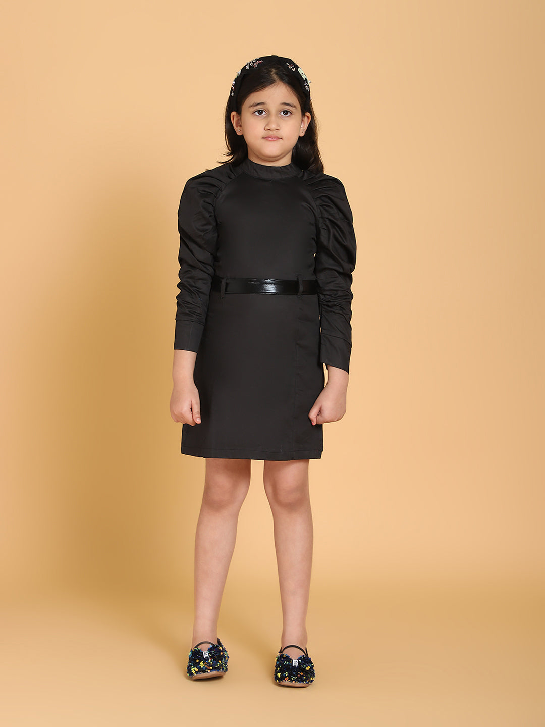Black Puff Sleeves Dress With Belt