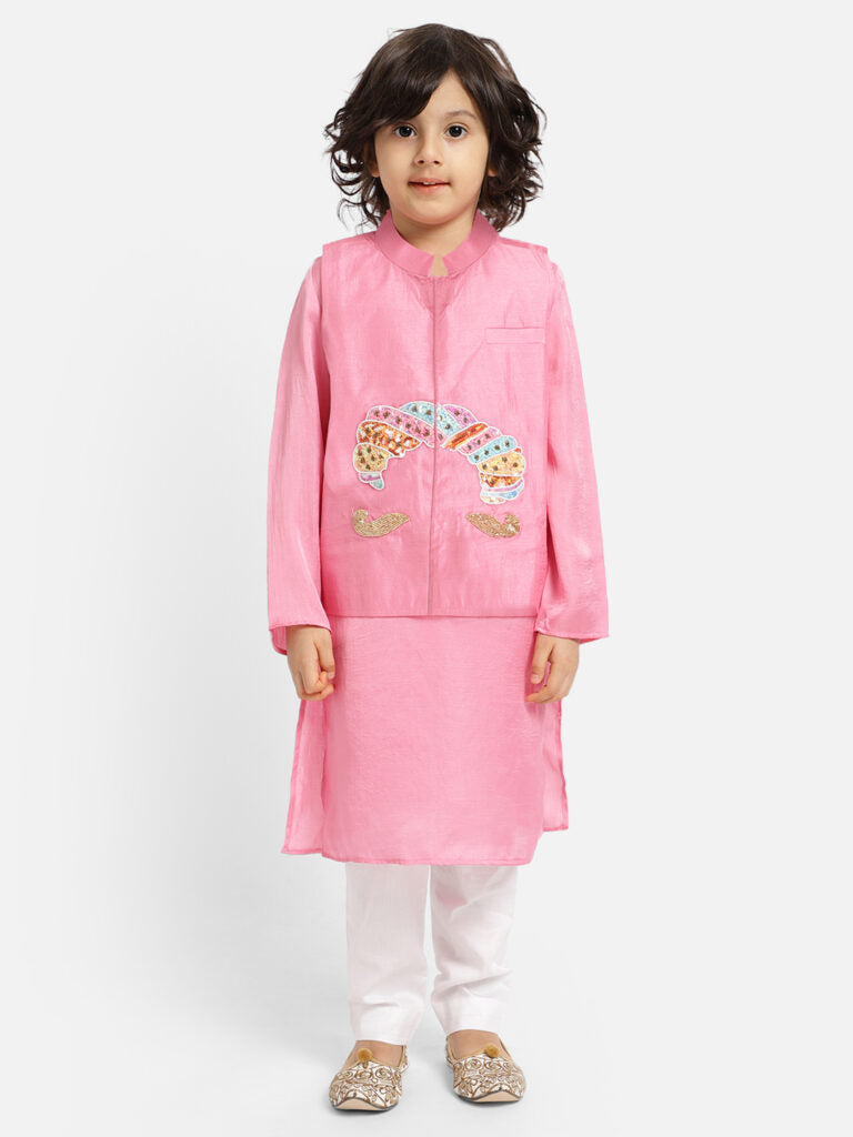Piccolo Boy's Pink Kurta ,Waist Coat with handwork And White Pyjama set