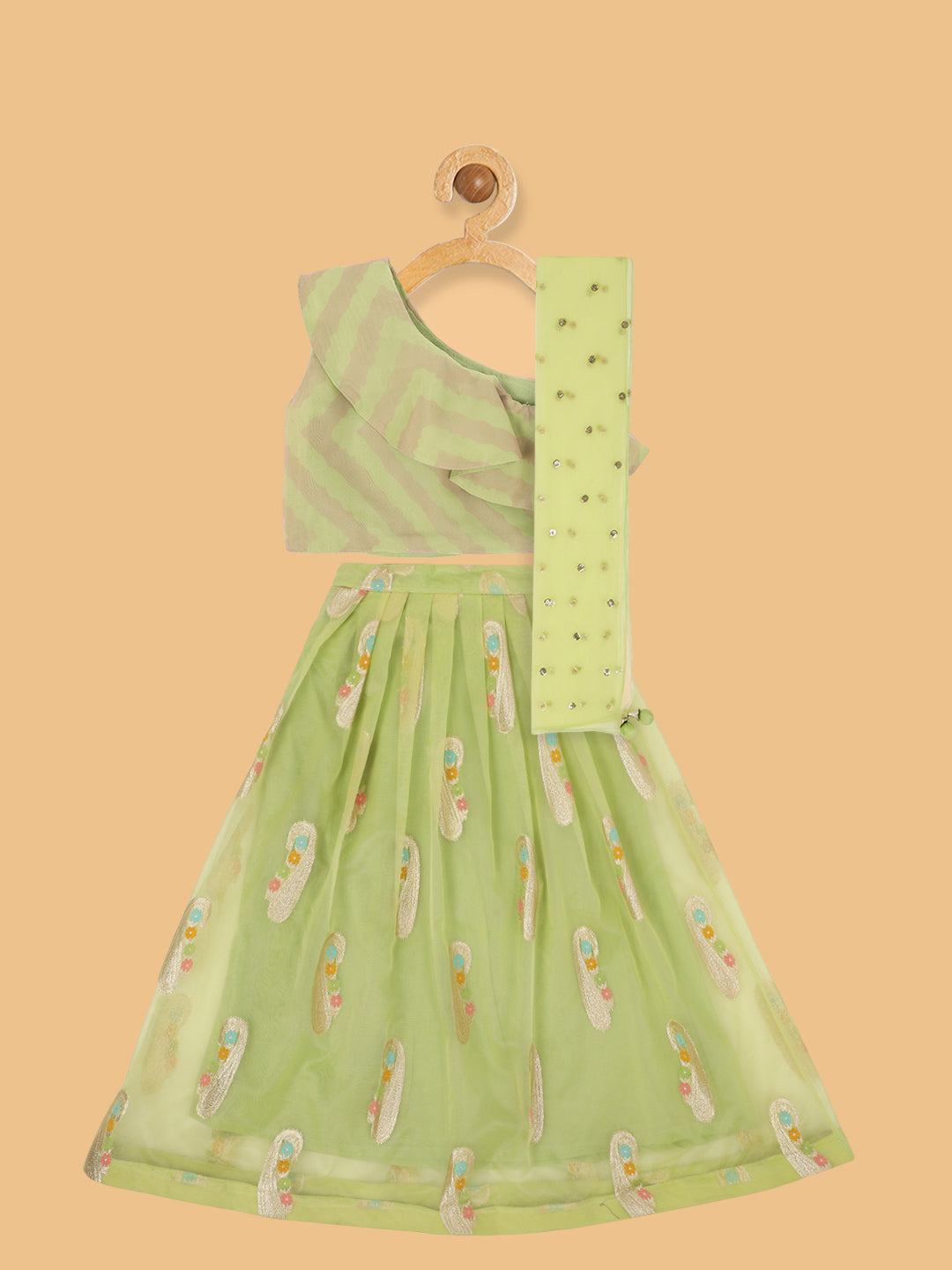 Girls Green & Gold-Toned Ready To Wear Lehenga & Blouse With Dupatta set