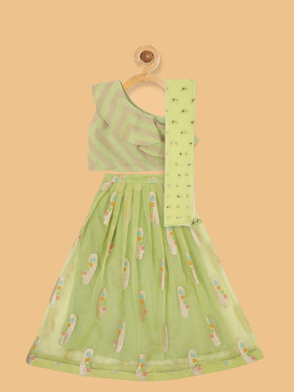 Girls Green & Gold-Toned Ready To Wear Lehenga & Blouse With Dupatta set