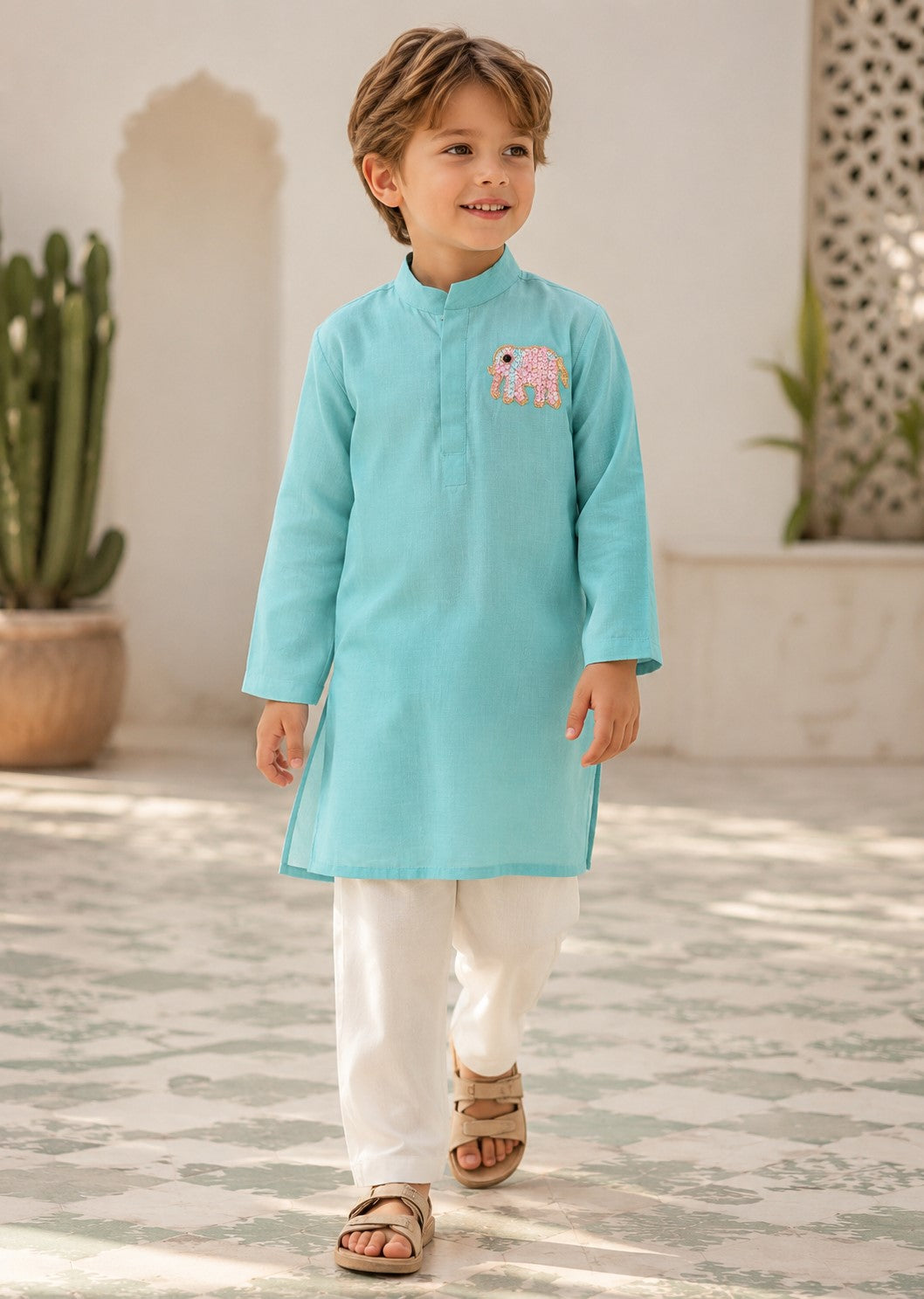 Piccolo Mul Chanderi Elephant Applique Kurta Pyjama Set – Aqua Blue