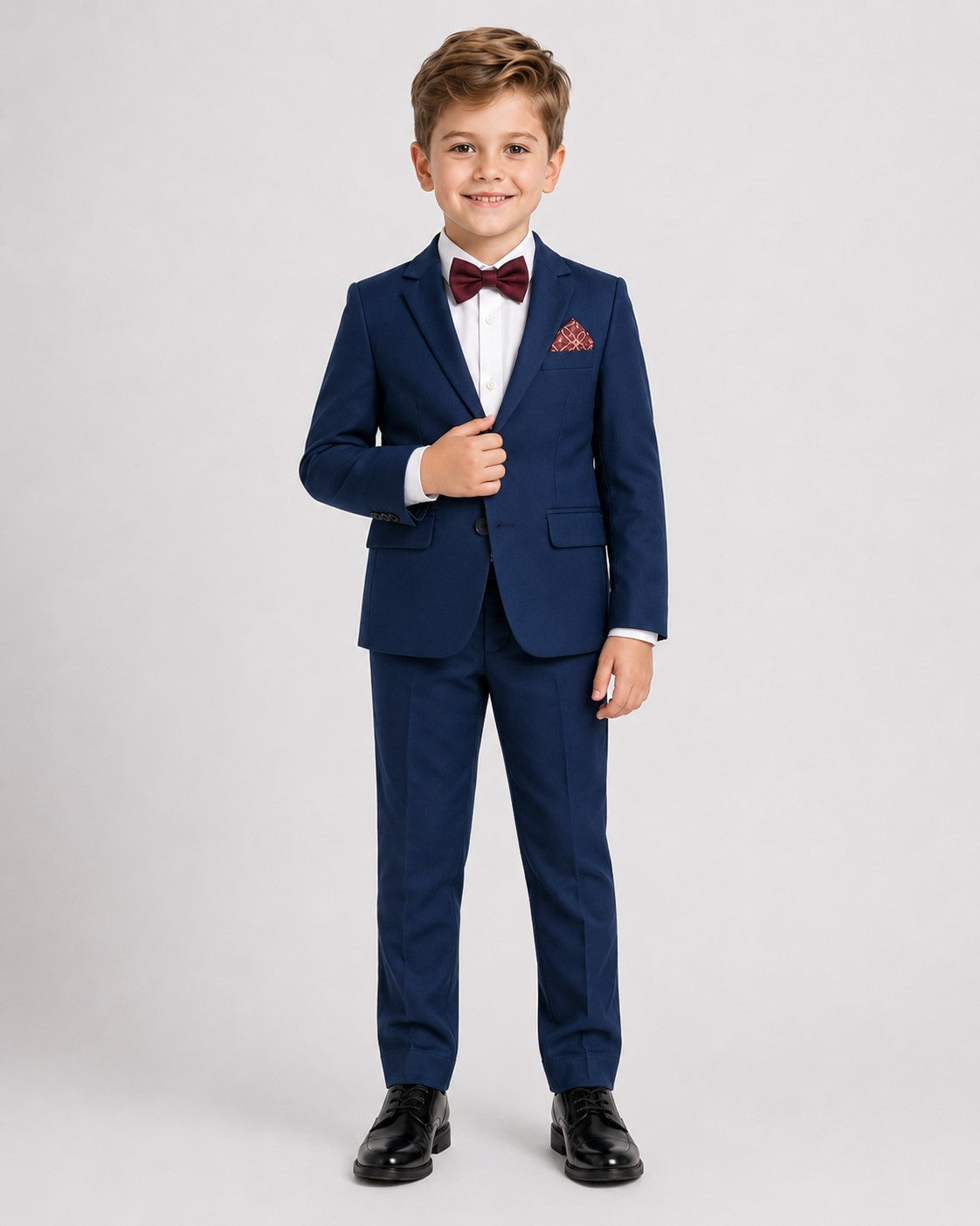 Piccolo-Boys Five-Piece Single-Breasted  Party Wear Blazer Suit Set with Bow & Pocket Square- Blue