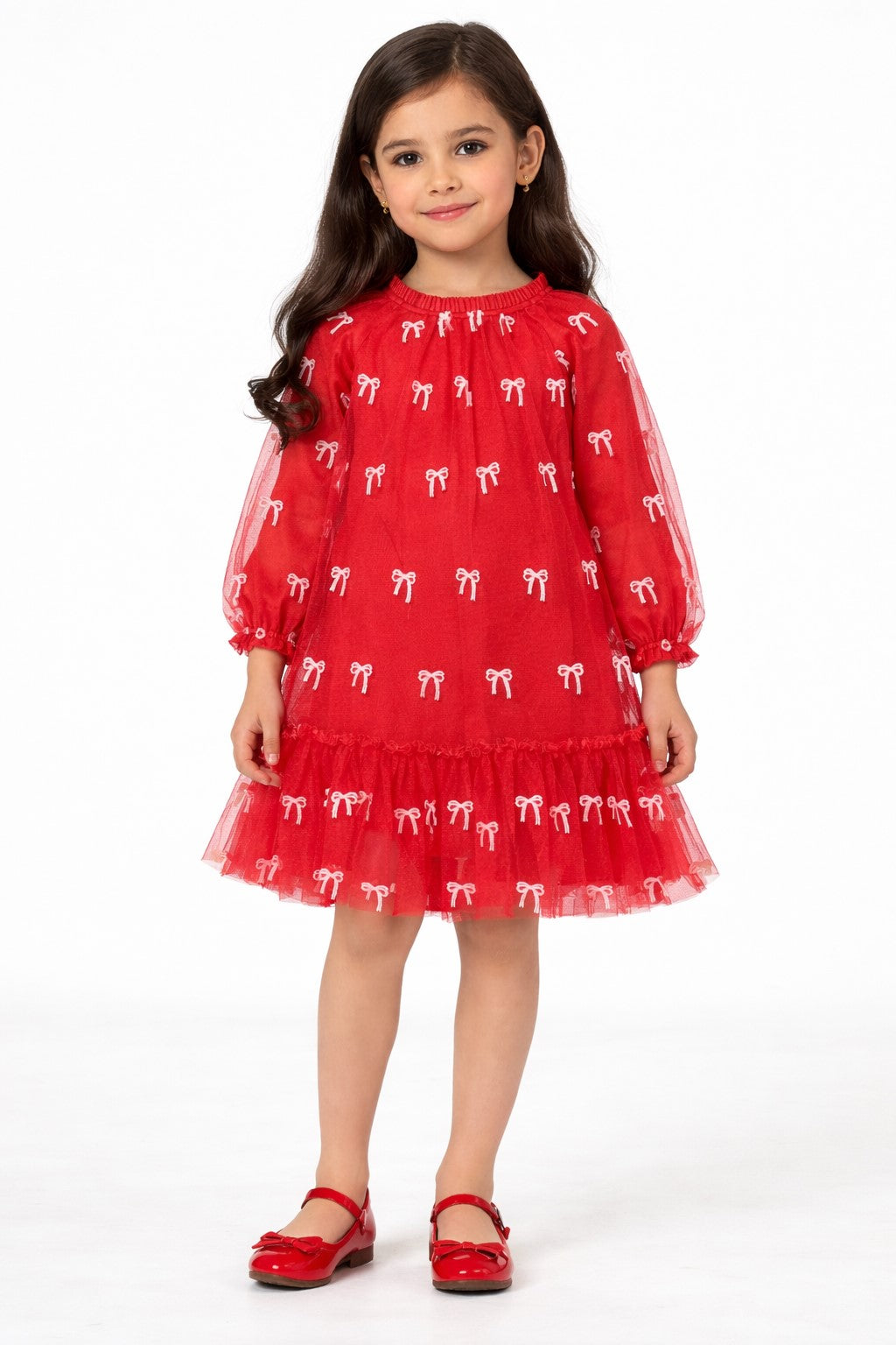 Floral Print Puff Sleeve Net A-Line Dress-red